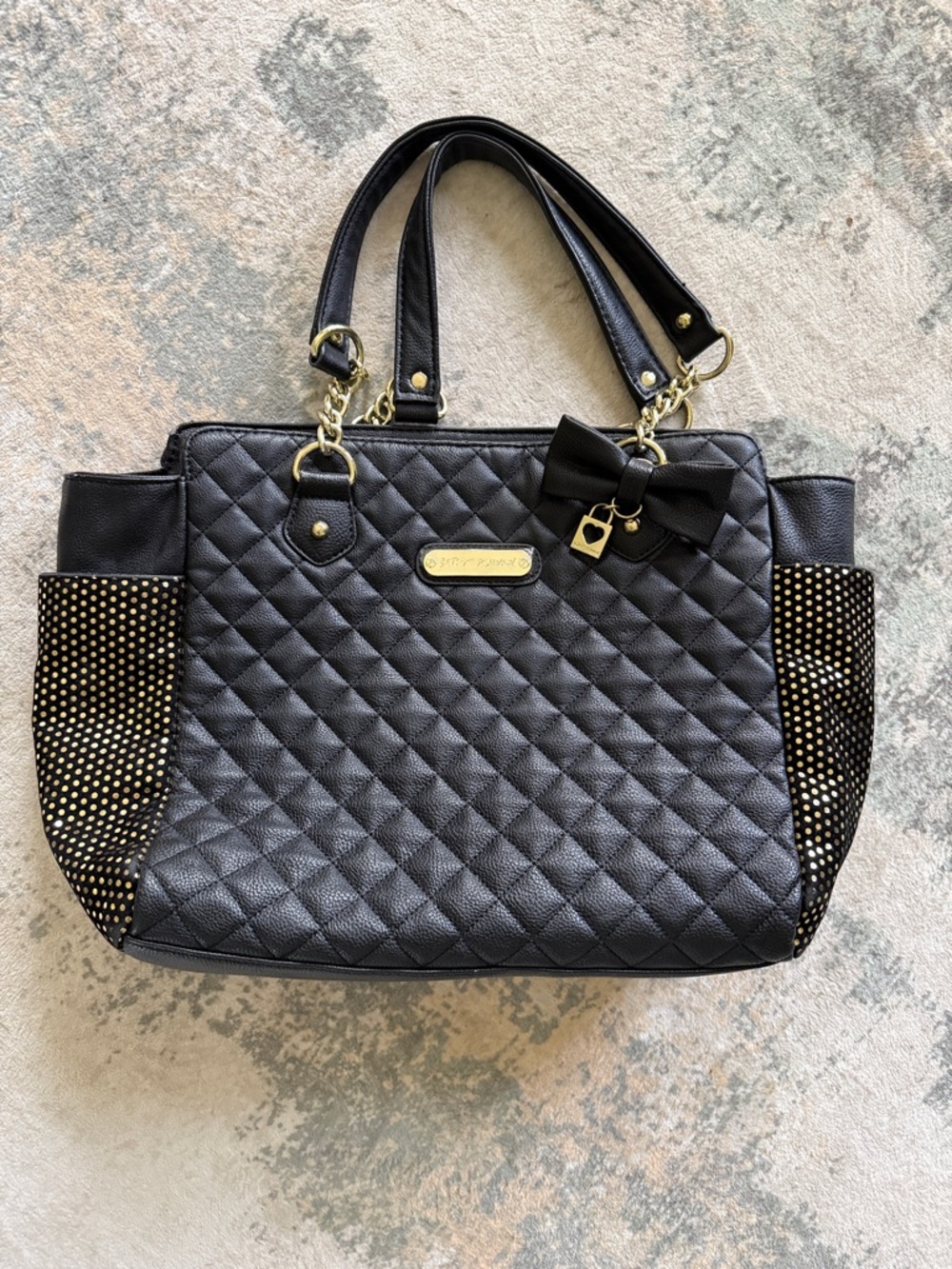 Betsey Johnson Black Tie Affair Quilted Tote - Gold Stud Details, Floral Lining - Picture 1 of 11